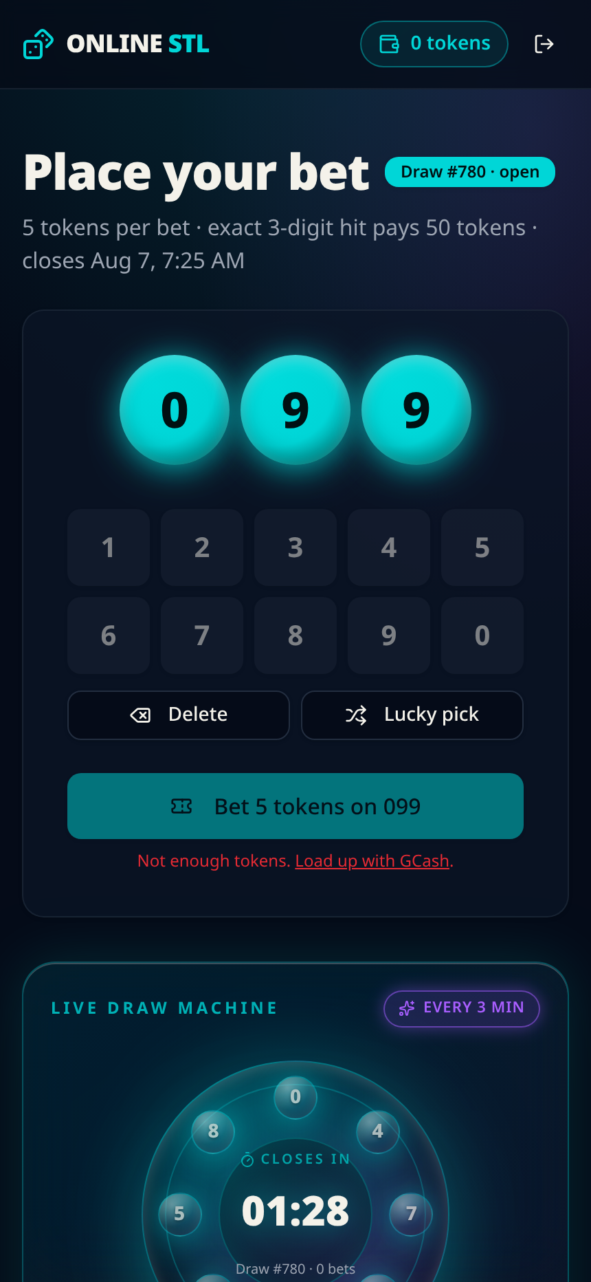 Bet screen with three digits selected