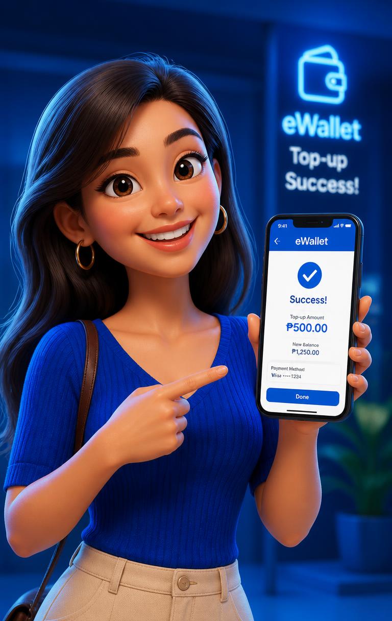 3D animated character loading her GCash account on her phone