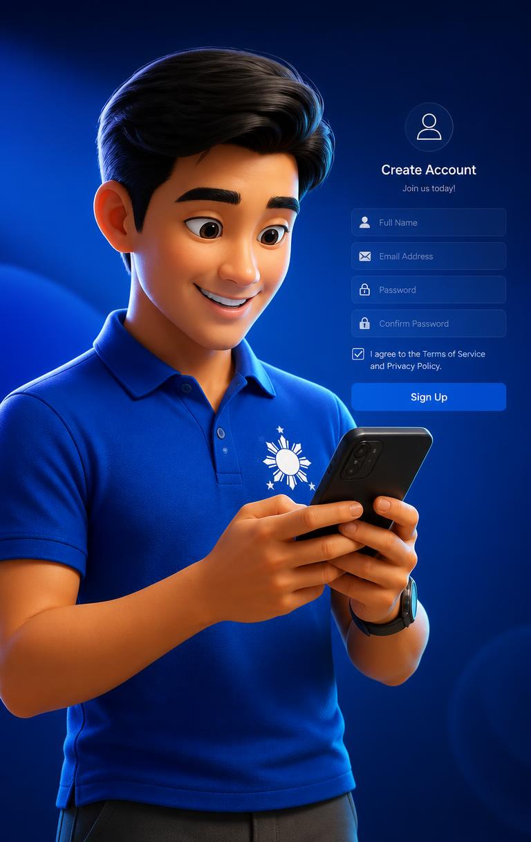 3D animated character creating his account on his phone