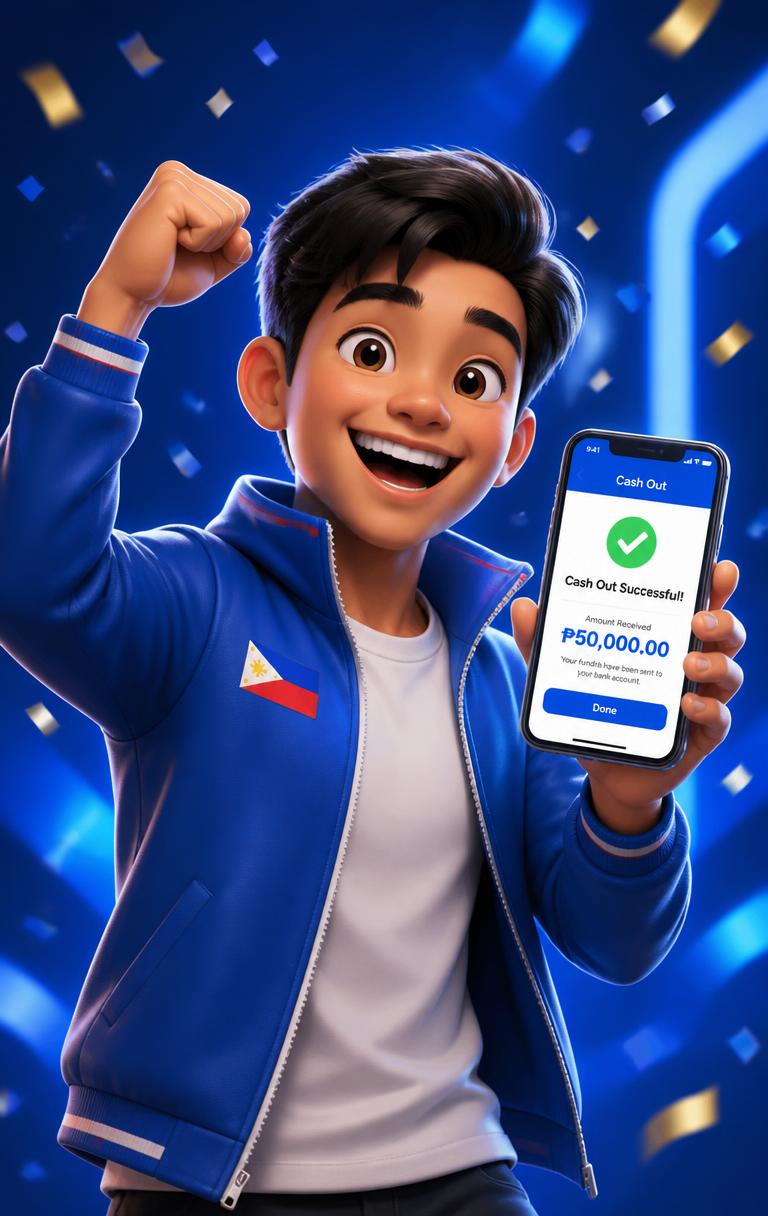 3D animated character celebrating a win and cashing out on his phone