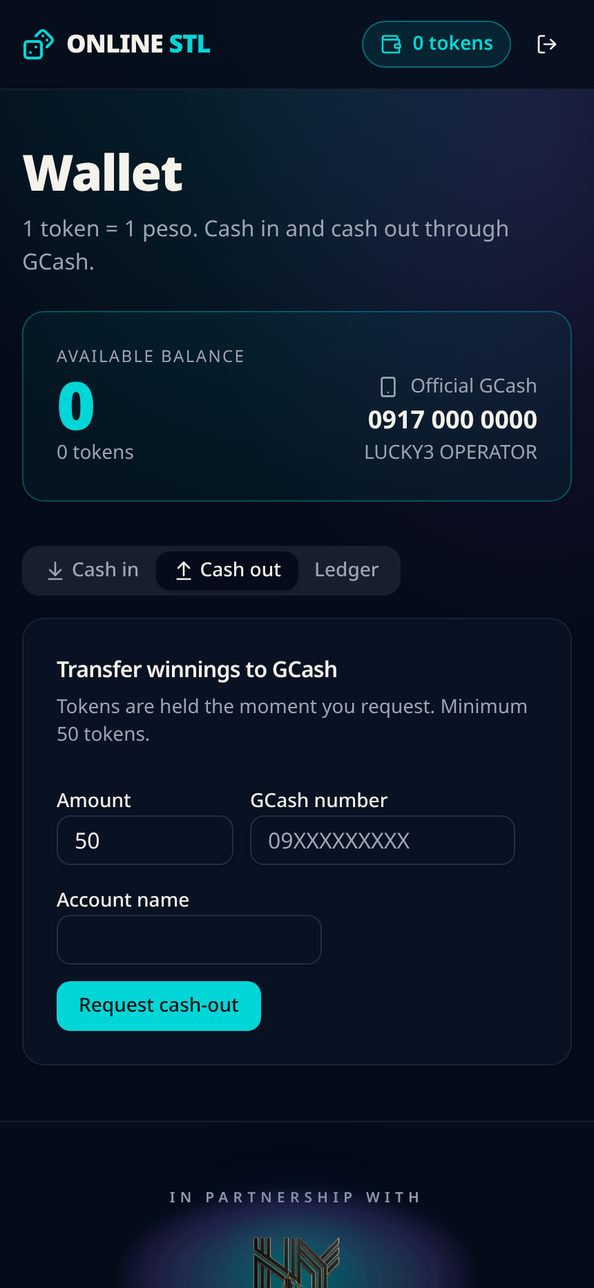 Cash-out request screen